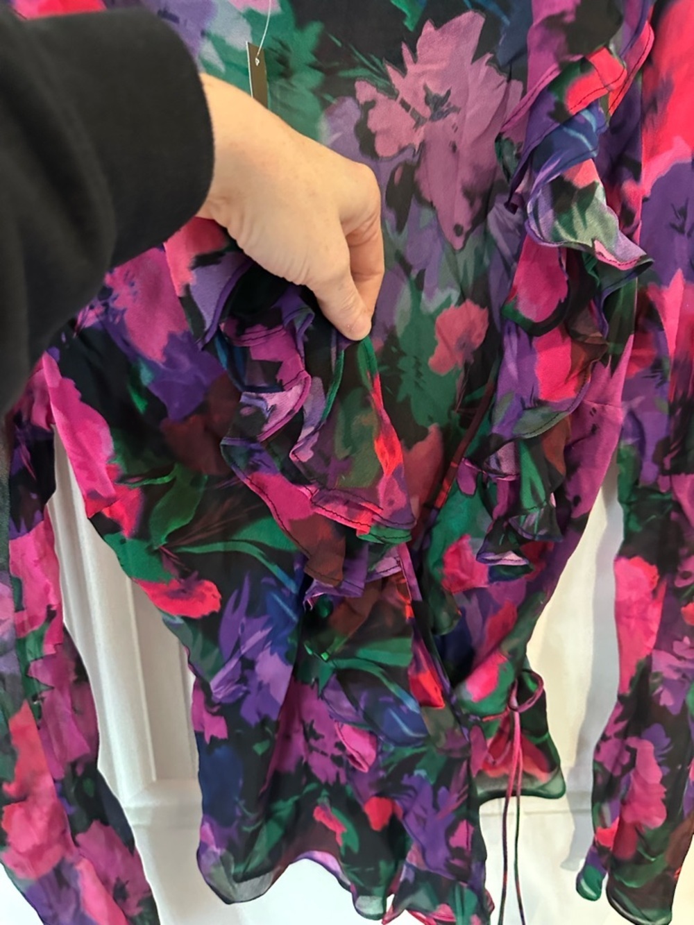 J. Crew Vibrant Floral Ruffle Wrap Blouse in Purple, Green, Pink romantic fairy - Picture 5 of 7
